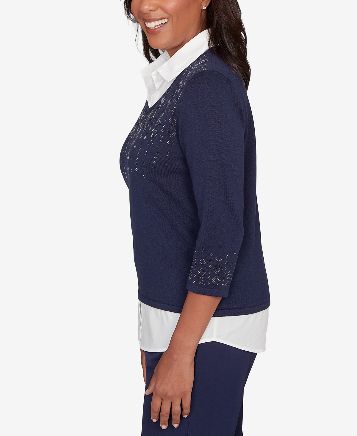 Alfred Dunner Women's Saratoga Springs Metallic Studded Textured Two In One Sweater In Blue