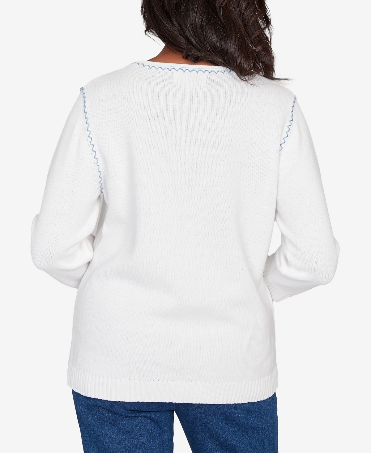 Alfred Dunner Plus Size Hilton Head Quilted Denim Applique Flower Sweater In White