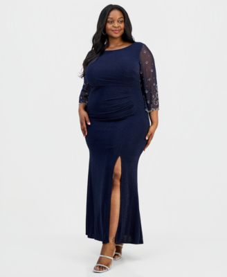 Plus Size Metallic Knit 3/4-Sleeve A-Line Dress