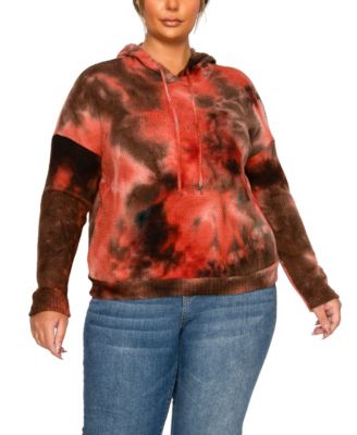 Plus Size Brushed Tie Dye Waffle Drawstring Sweatshirt
