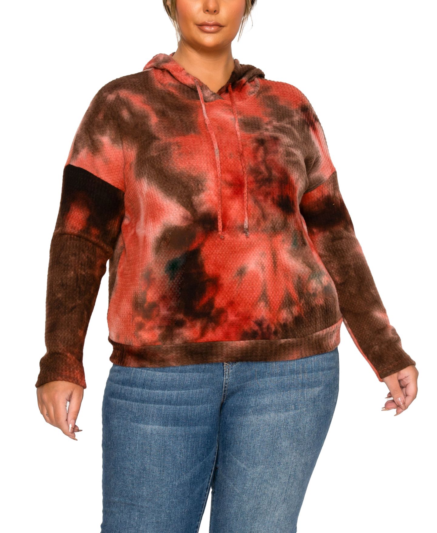 Женская толстовка COIN 1804 Plus Size Brushed Tie Dye Waffle Drawstring, цвет: Коричневый — фото 1