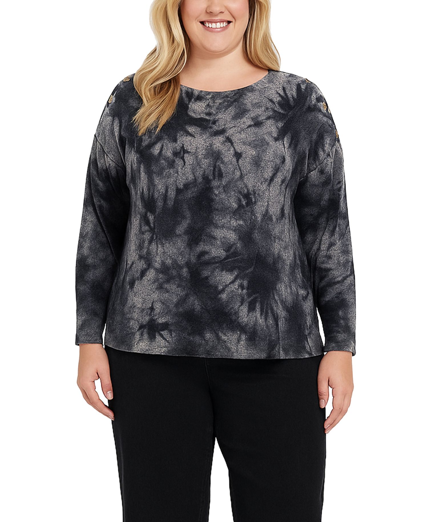 Plus Size Tie Dye Cozy Button Shoulder Long Sleeve Top