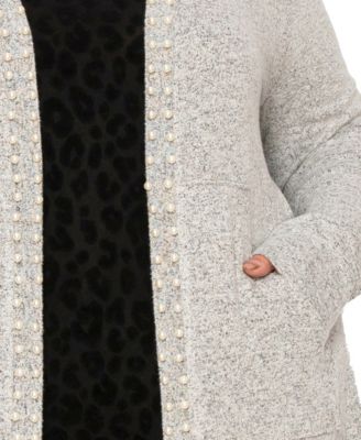 Plus Size Cozy Pocket Cardigan Sweater with Cultivated Pearls
