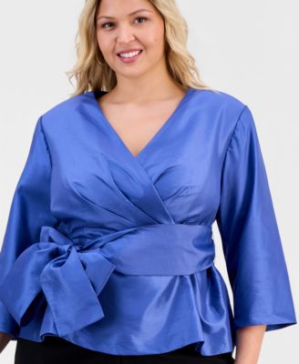 Plus Size V-Neck 3/4-Sleeve Taffeta Top