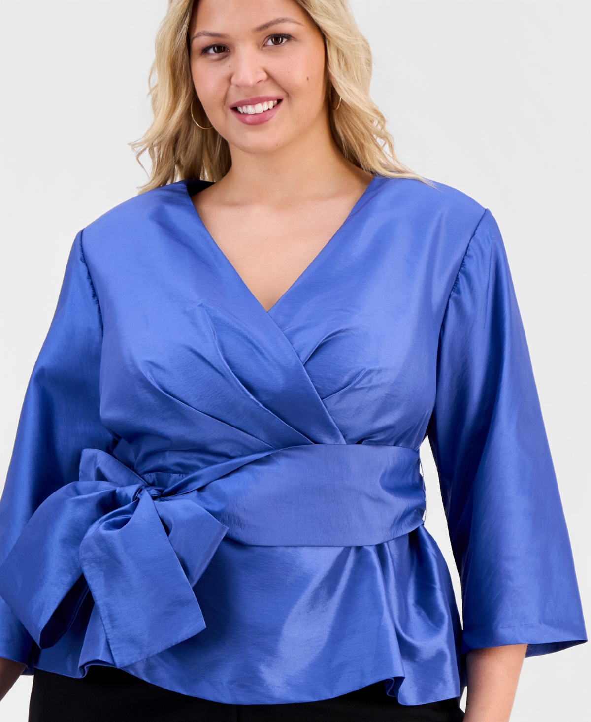 Alex Evenings Plus V-Neck 3/4-Sleeve Taffeta Top