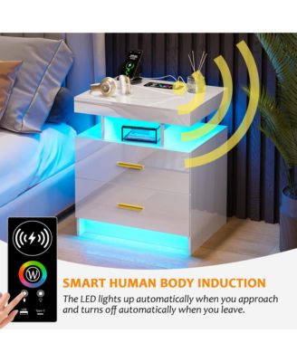 22.8" Wood LED Nightstand RGB Lights Auto Sensor Charging Station