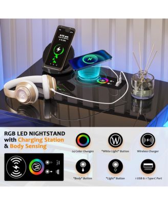 22.8" Wood LED Nightstand RGB Lights Auto Sensor Charging Station