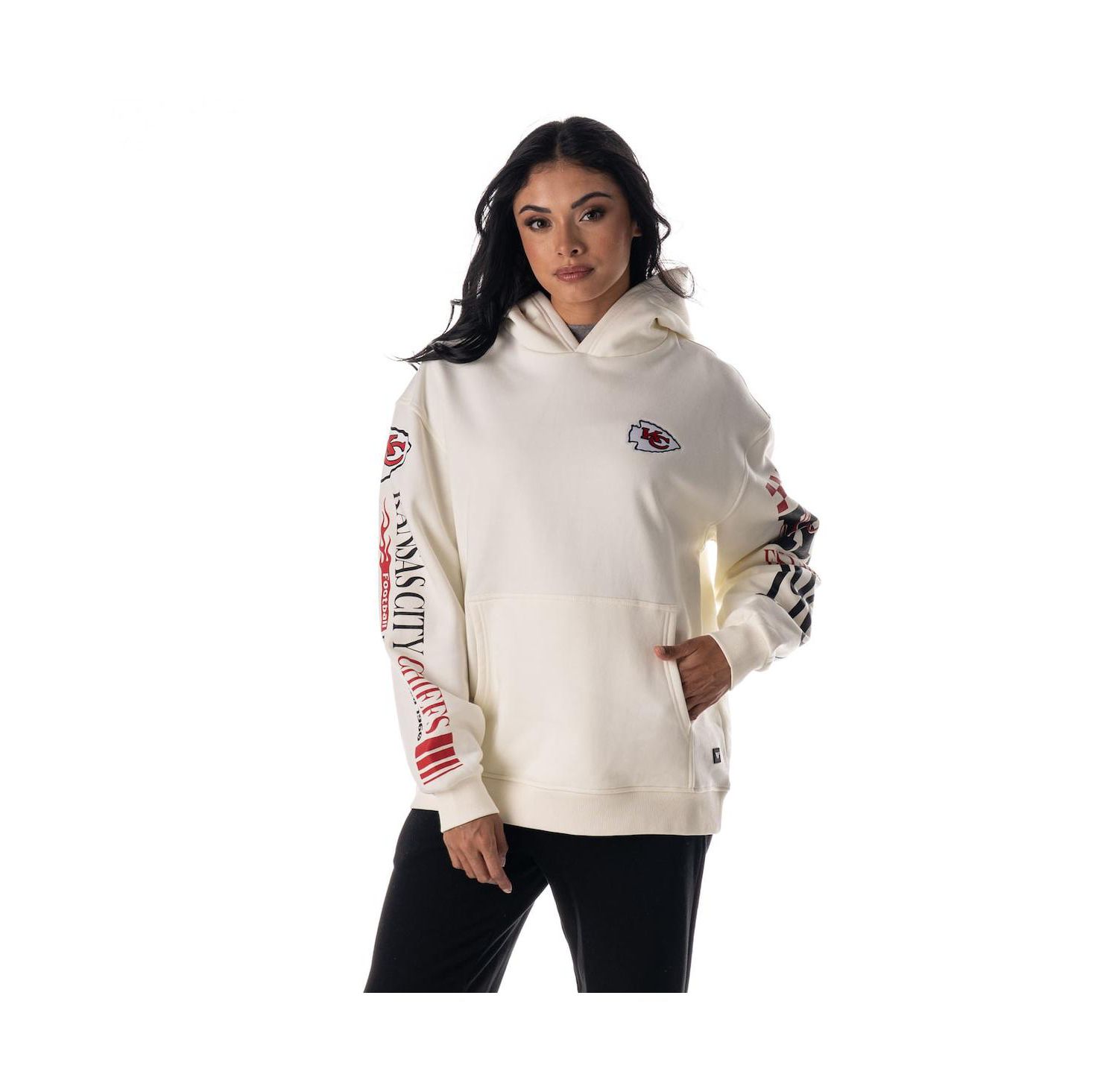 Women's Cream Kansas City Chiefs Stacked Graphic Sleeve Fleece Hoodie