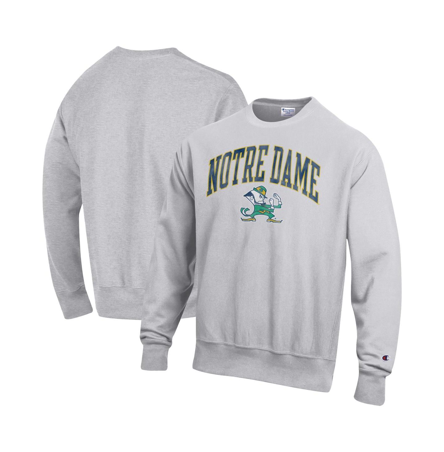 Мужская толстовка Champion Gray Notre Dame Fighting Irish Distressed Arch Over Logo Reverse Weave Crew Neck — фото 1