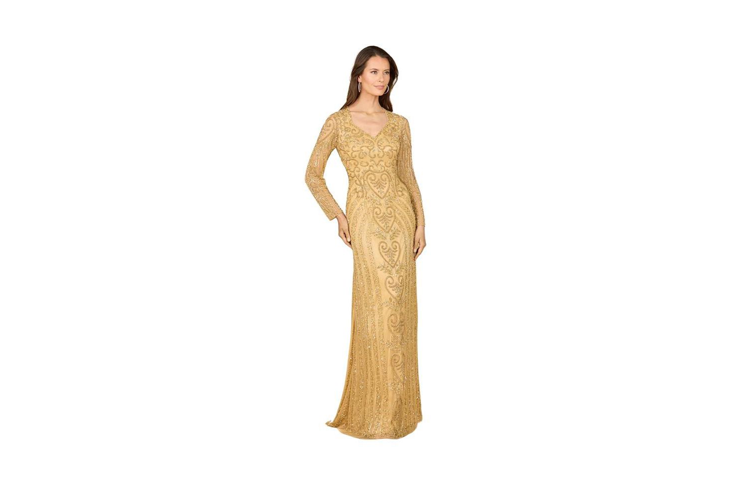 Women's V Neck Beaded Long Sleeve Dress