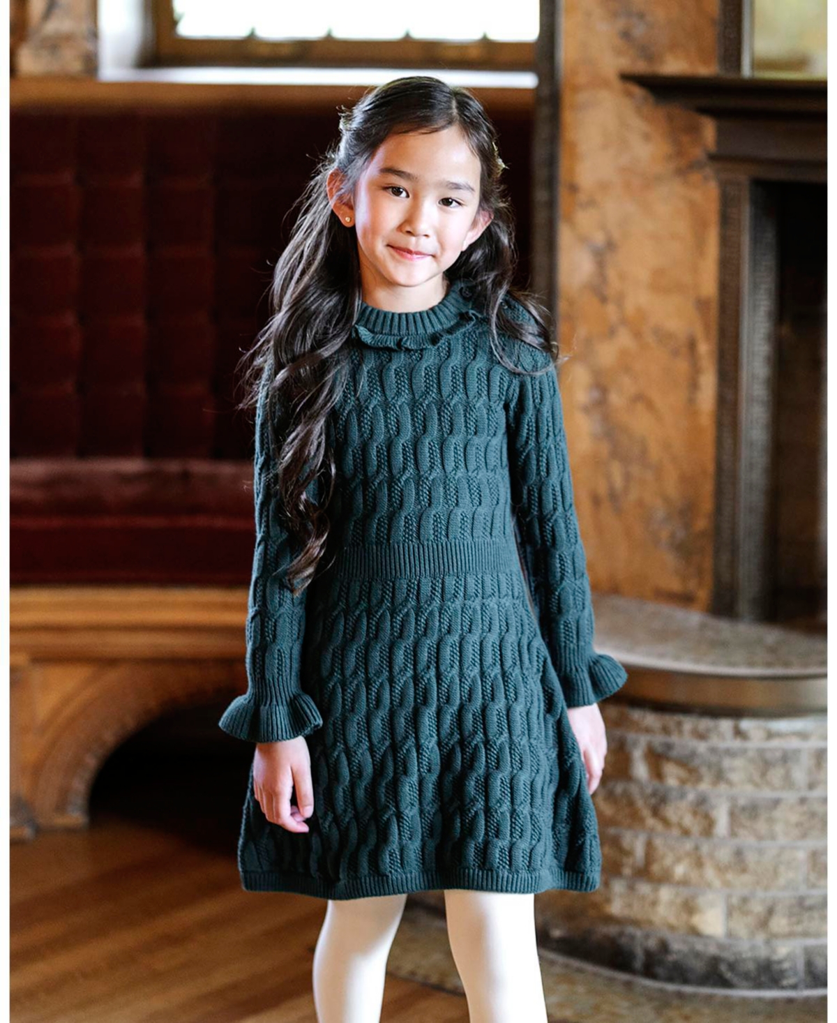 Hope & Henry Toddler Girls Organic Ruffle Edge Cable Knit Sweater Dress