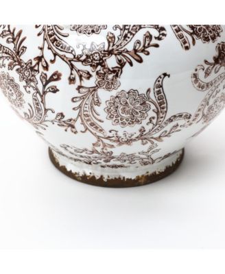 Brown Floral Wide-Mouth Waterproof Ceramic Vase, 8.66" Round Indoor Home Decor