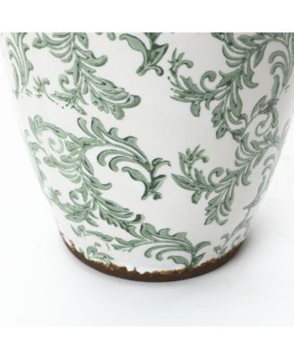 Green Floral Wide-Mouth Waterproof Ceramic Vase, 7.28" Round Indoor Home Decor