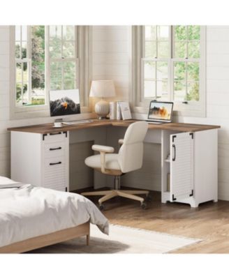 L Shaped Gaming Desk, Computer Desk，59" Wooden Executive Desk with File Drawer & Adjustable Storage Cabinet