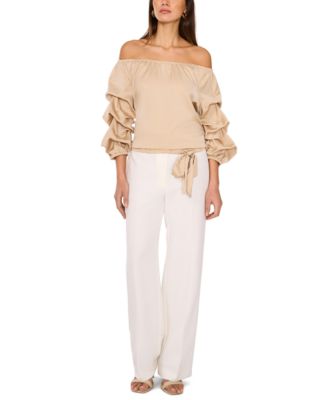 Women's Satin Off-The-Shoulder Bubble 3/4-Sleeve Tie-Front Blouse