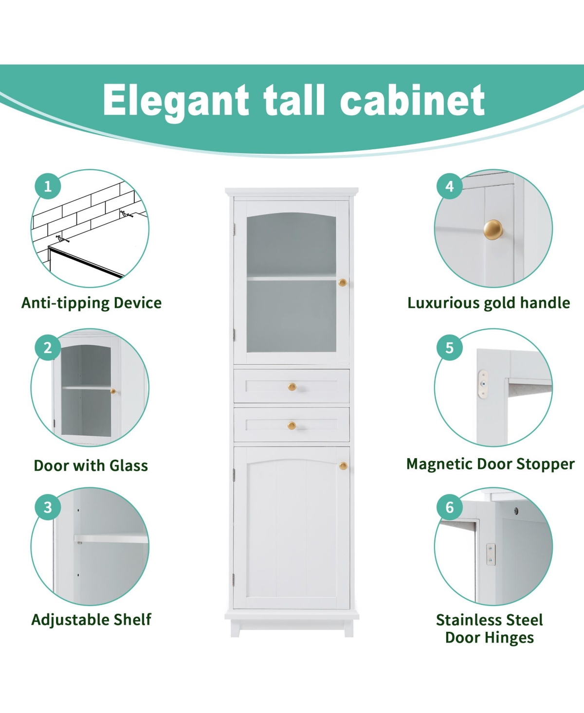 Airsurfer 63 Inch Freestanding Bathroom Storage Cabinet with Glass Doors and Adjustable Shelves Mdf Floor Cabinet for Bathroom