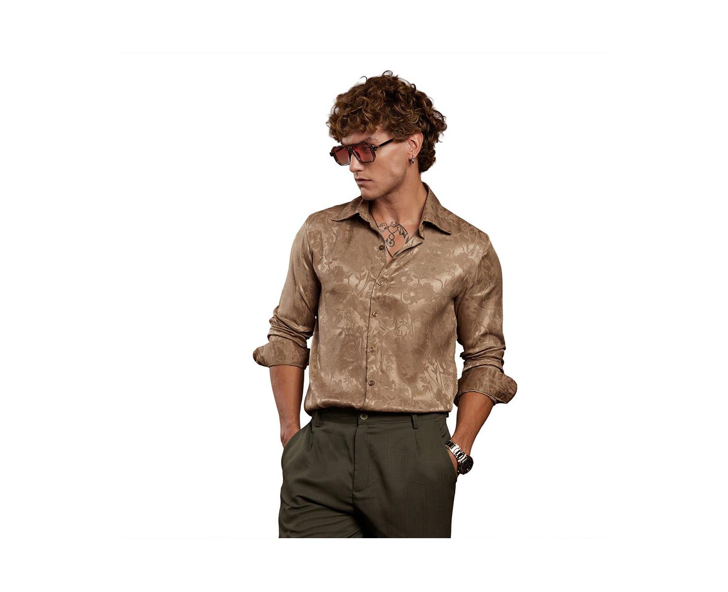 Men's Peanut Brown Flora-Textured Shirt