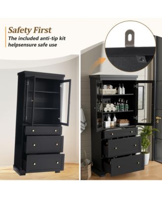 70.1" Modern Tall Freestanding Bathroom Cabinet with 3 Drawers, 2 Adjustable Shelves, Soft-Close Glass Doors, Storage Cabinet for Bathroom