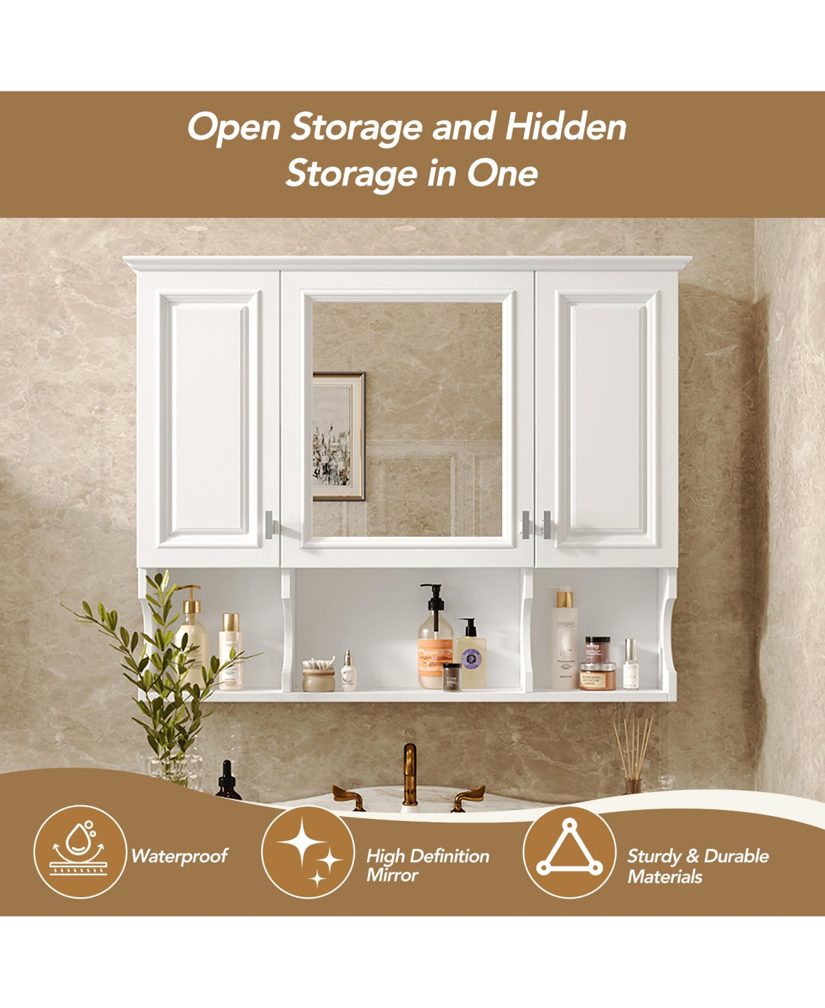 Airsurfer 35 x 28 Wall Mounted Bathroom Medicine Cabinet Modern Bathroom Wall Cabinet with Mirror and Open Shelves Mirror Cabinet for Bathroom Storage