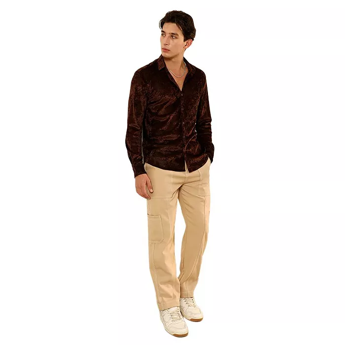 Men's Chocolate Brown Solid Velvet Shirt - thumbnail 3