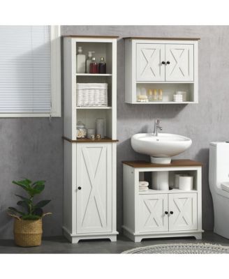 Bathroom Storage Cabinet with Triple Open Shelves Wooden Freestanding Linen Tower with Door and Adjustable Shelf White