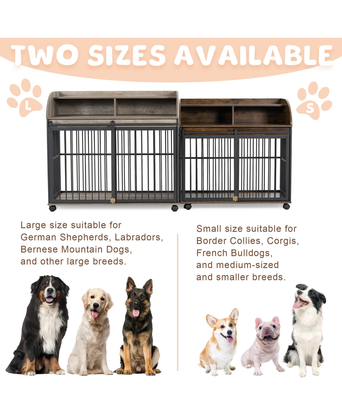 Airsurfer 44 Inch Heavy Duty Large Dog Crate Furniture Wooden Dog Kennel with Lockable Wheels End Table Crate Double Layer Storage Gray