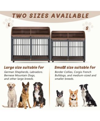 44 Inch Heavy Duty Large Dog Crate Furniture Wooden Dog Kennel End Table Crate with Lockable Wheels and Double Layer Storage Brown