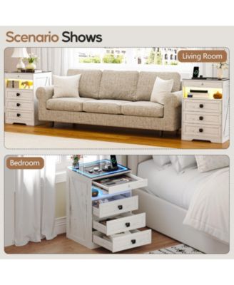 Smart LED Nightstand  Wood  3-Color Lights  Drawers & Charging Station