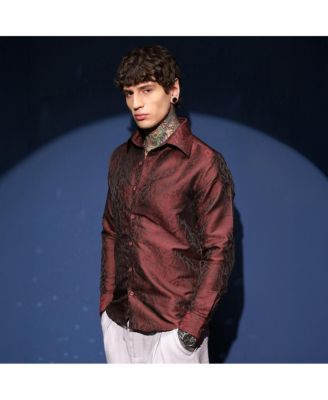 Men's Burgundy Red Foliage-Woven Shirt