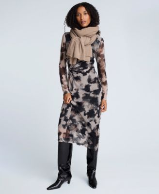 Women's Printed Mesh Long-Sleeve Knot Dress