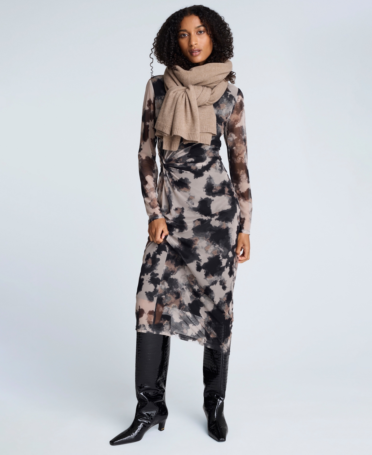 Kenneth Cole Printed Mesh Knot Front Long Sleeve Midi Dress In Multi