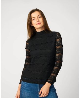 Women's Ruffle Lace Stretch Mock Neck Top