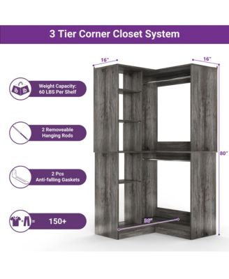 Freestanding Corner Closet System with 8 Shelves and 2 Hanging Rods, 36-Inch Closet Organizer for Bedroom