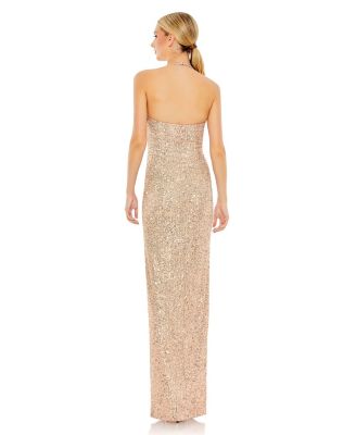 Women's Sequined Halter Strap Low Side Knot Gown
