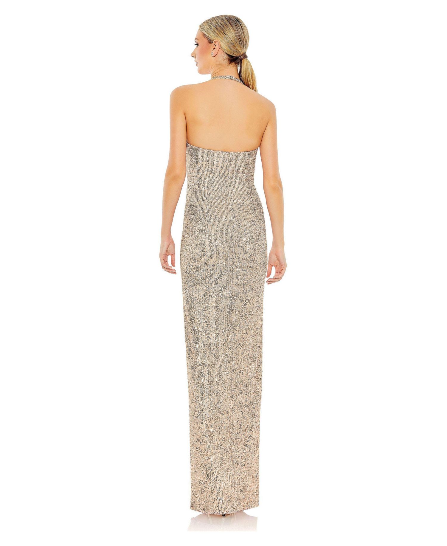 Women's Sequined Halter Strap Low Side Knot Gown