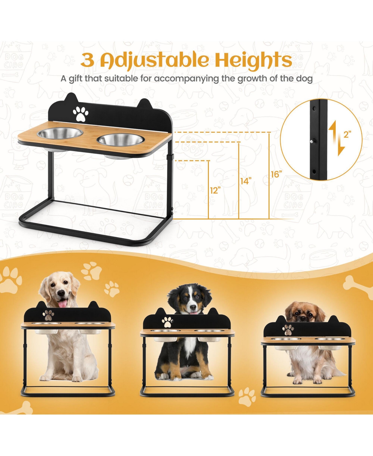 Gymax Elevated Dog Bowls 3 Adjustable Heights with 2 Stainless Steel Food Water Bowls