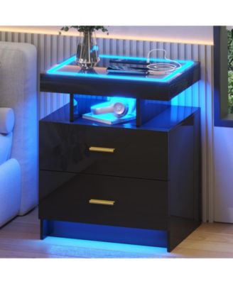 1 PC Wood Smart LED Nightstand with Charging, Auto Sensor & 2 Drawers -  Nightstand