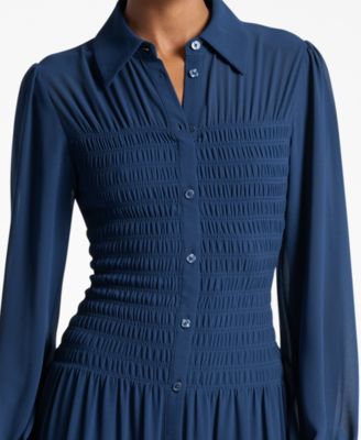 Women's Smocked Button-Down Shirt Dress