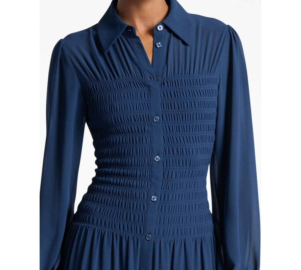 Michael Kors Smocked Georgette Shirtdress In Blue