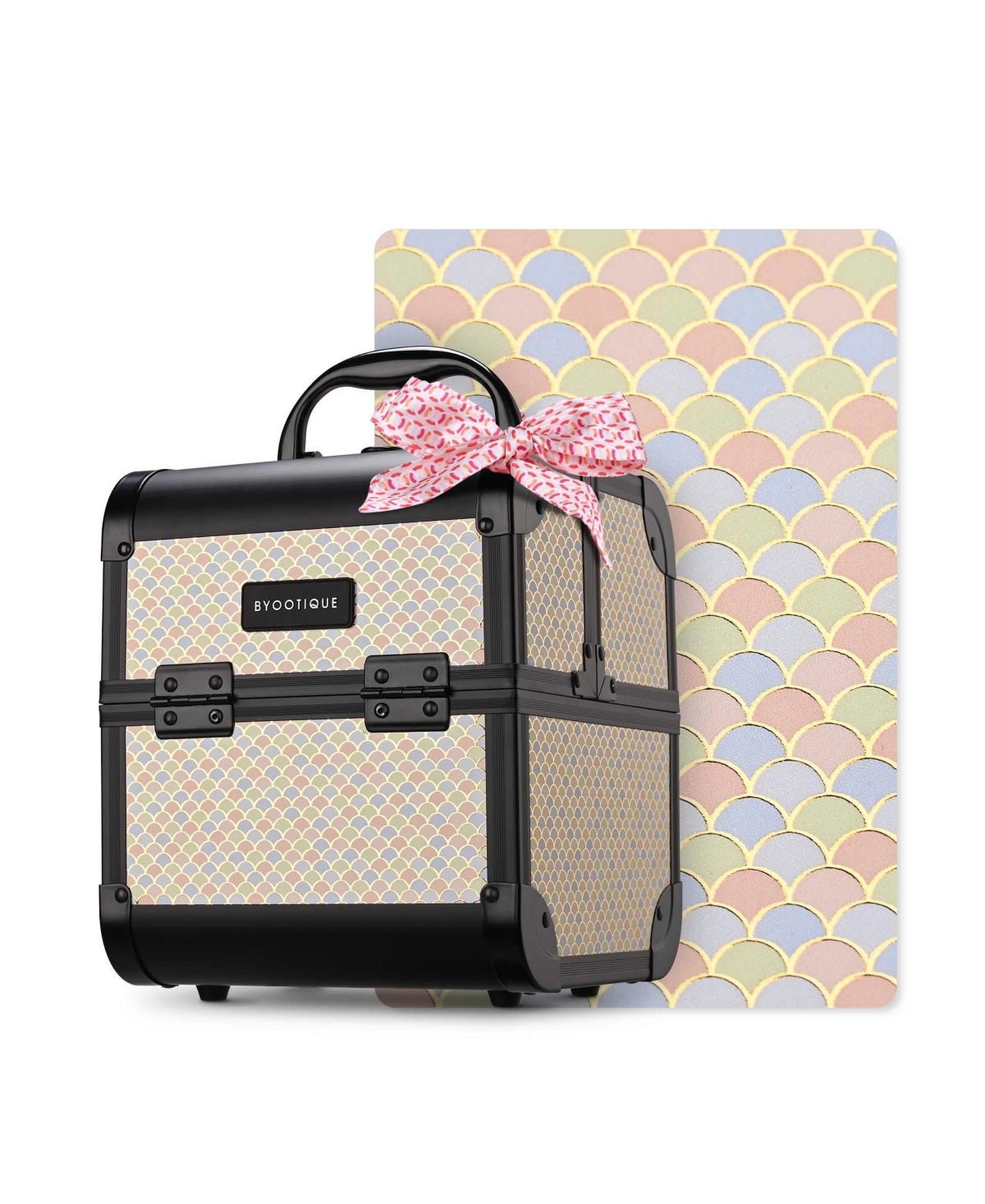 Byootique Makeup Train Case with Mirror Cosmetic Box Organizer Art Deco Pastel