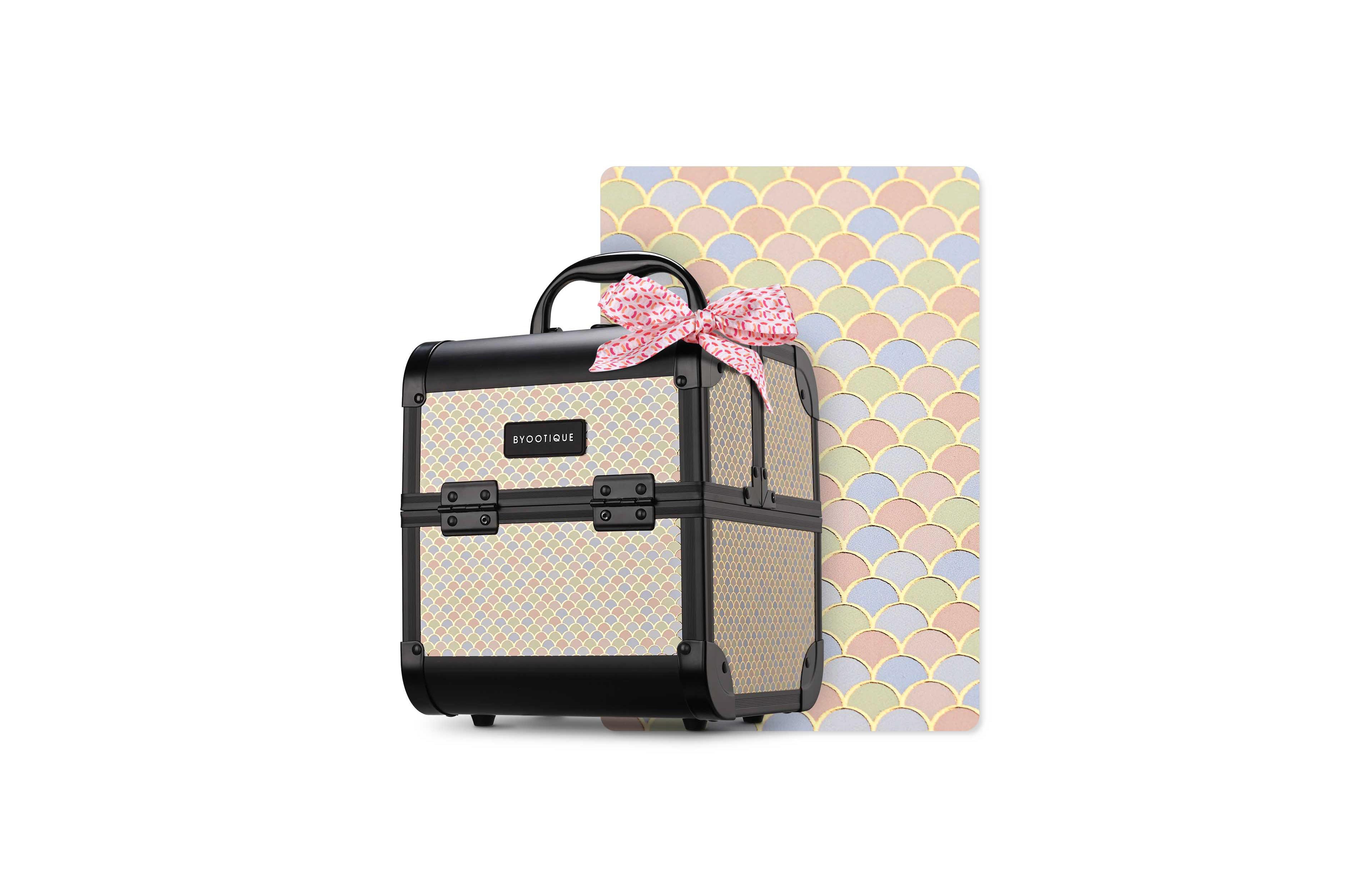 Byootique Makeup Train Case with Mirror Cosmetic Box Organizer Art Deco Pastel