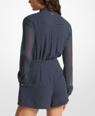 Women's Dotted Bow Tie Long-Sleeve Romper