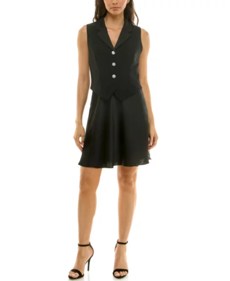 Petite Button-Front Satin Fit & Flare Dress - Black