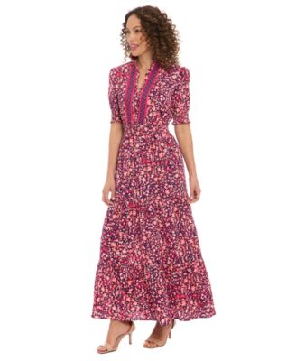 London Times - Women's Puff-Sleeve Tiered Maxi Dress