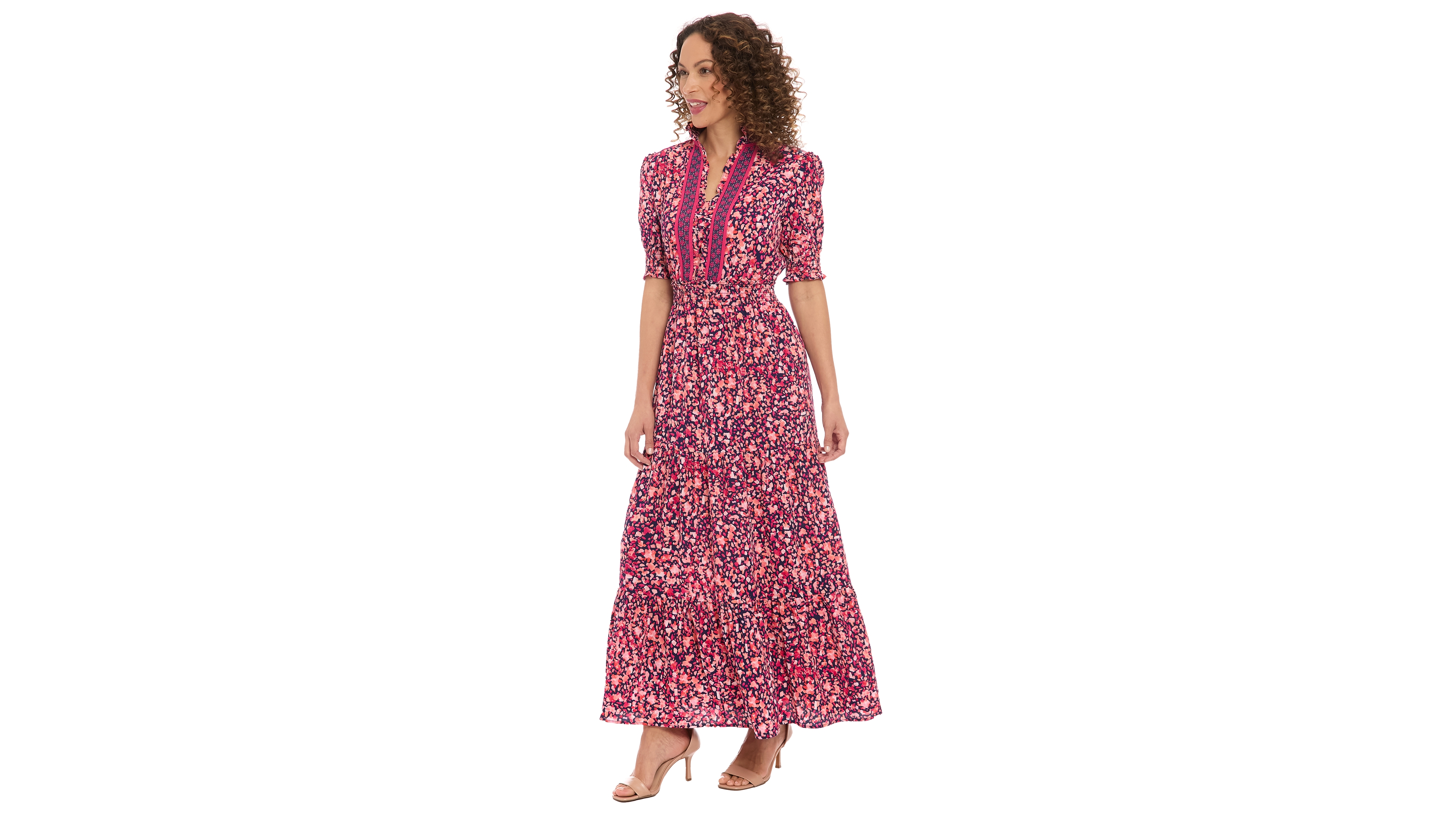 London Times Women's Puff-Sleeve Tiered Maxi Dress