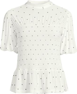 Plus Size Bubble Sleeve Silky Knit Smocked Mock Neck Top