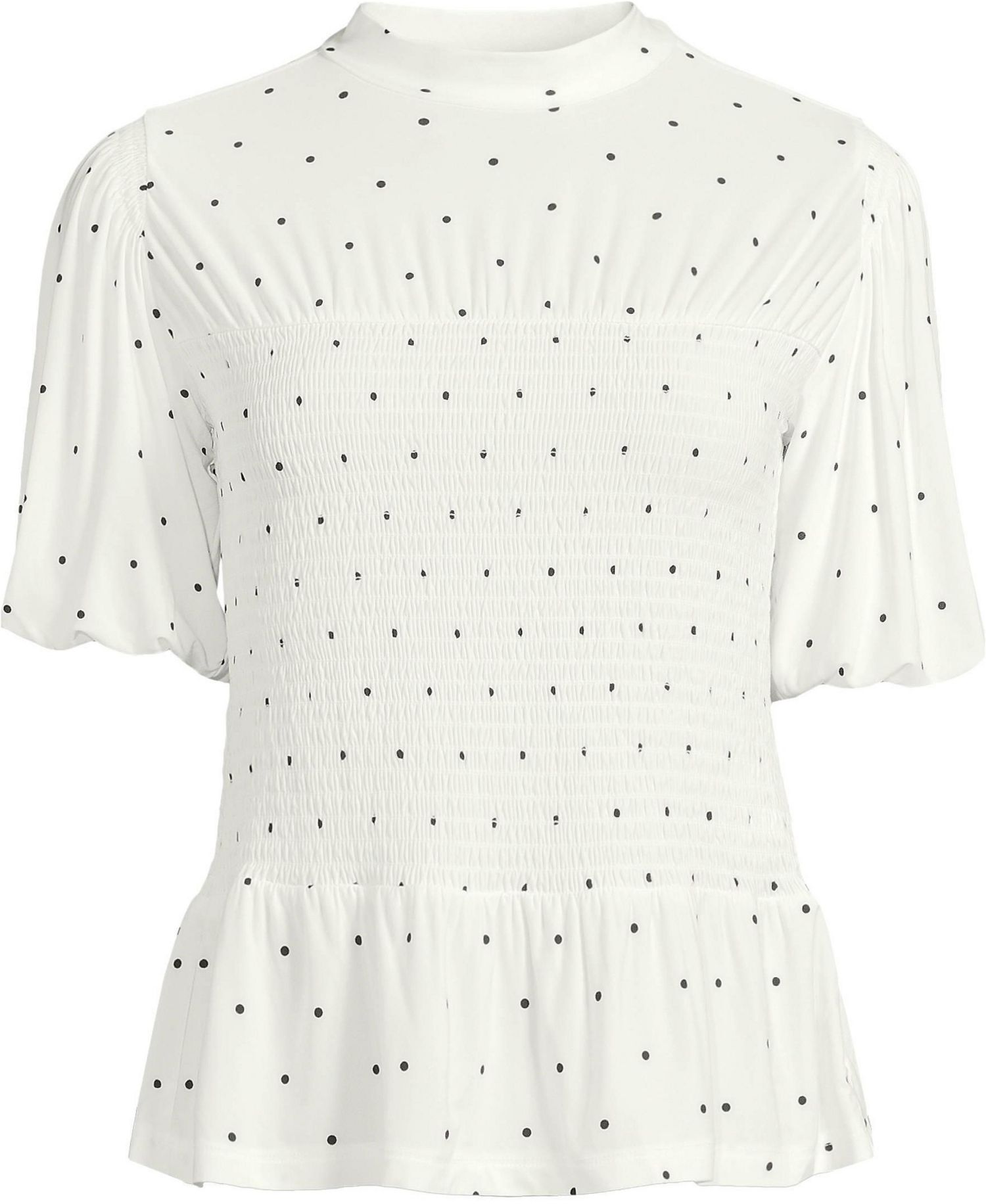 Plus Size Bubble Sleeve Silky Knit Smocked Mock Neck Top