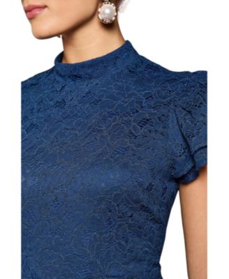 Women's Lace Frill Sleeve High Neck Midi Dress