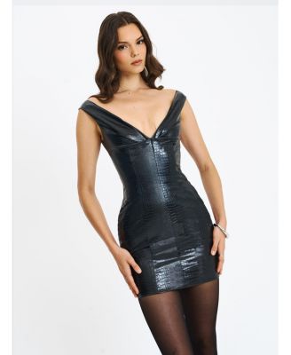 Women's Quilia Black Faux Crocodile Leather Plunge Mini Dress