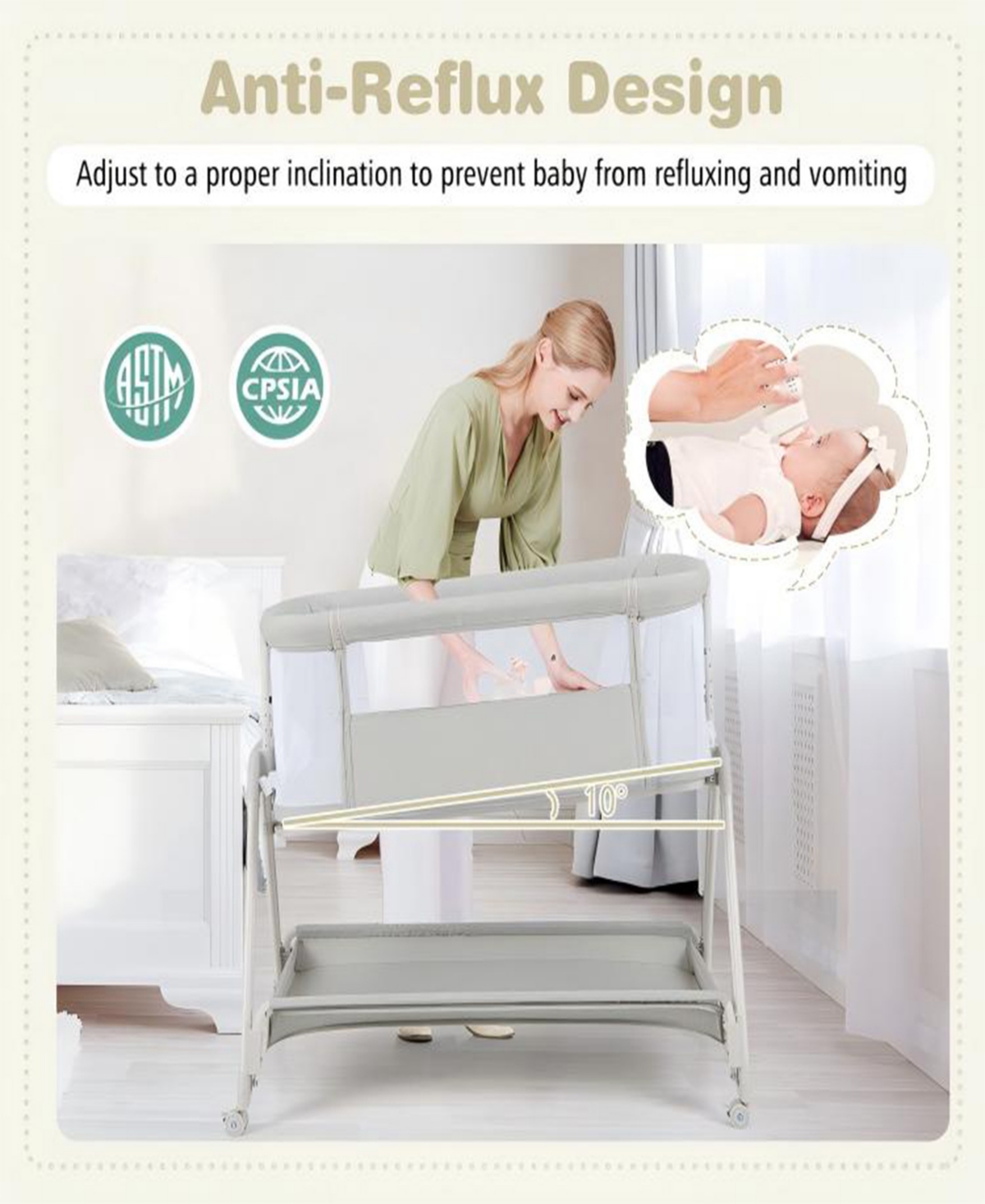 Gouun Portable Bedside Bassinet with 7 Adjustable Heights